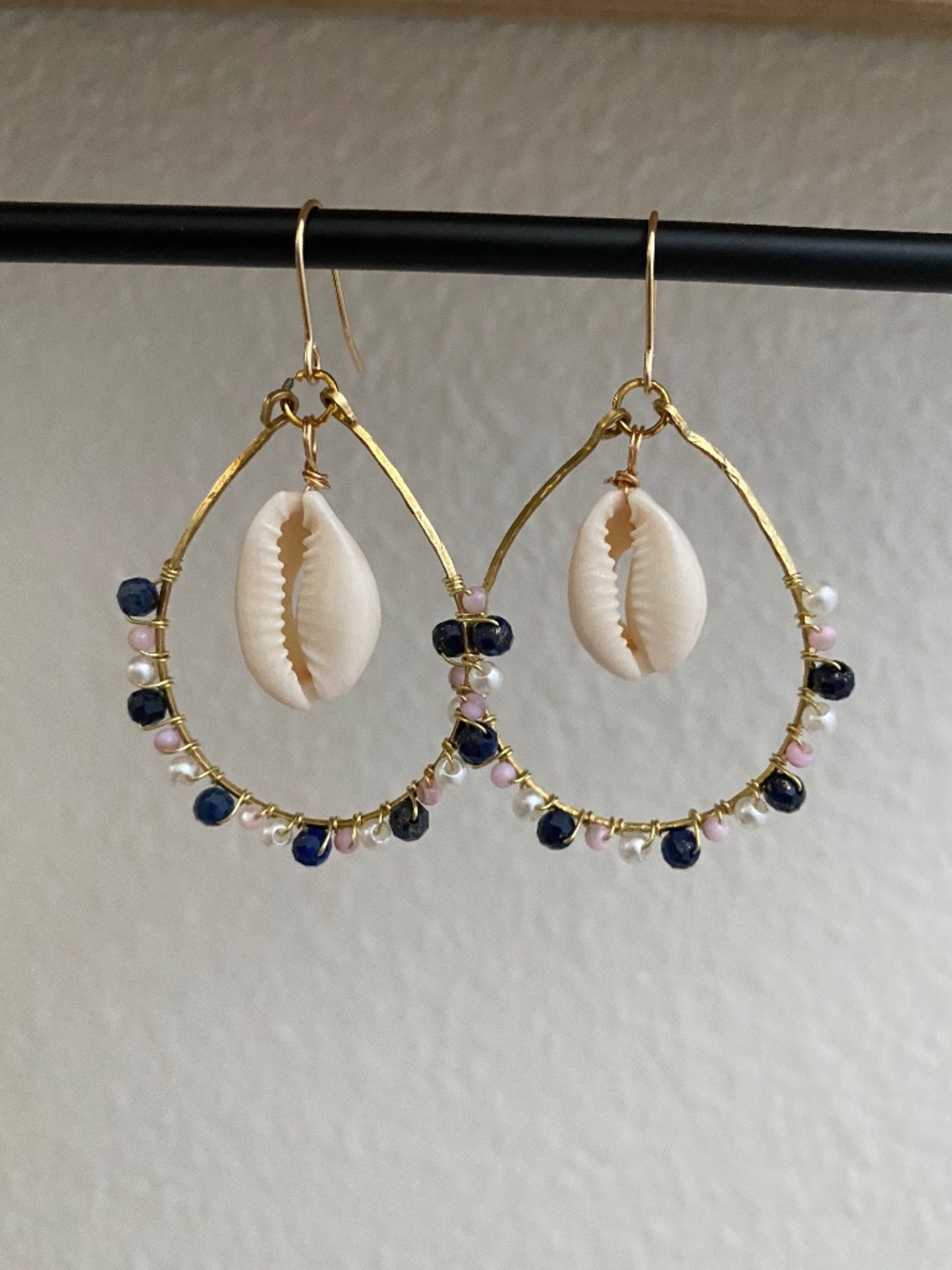 Handmade Seashell Hoop Earrings with Lapis Lazuli